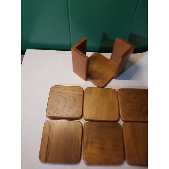 Vintage MCM Dolphin Square Brown Teakwood Coaster Rack Set w/6 Coasters - Picture 3 of 5